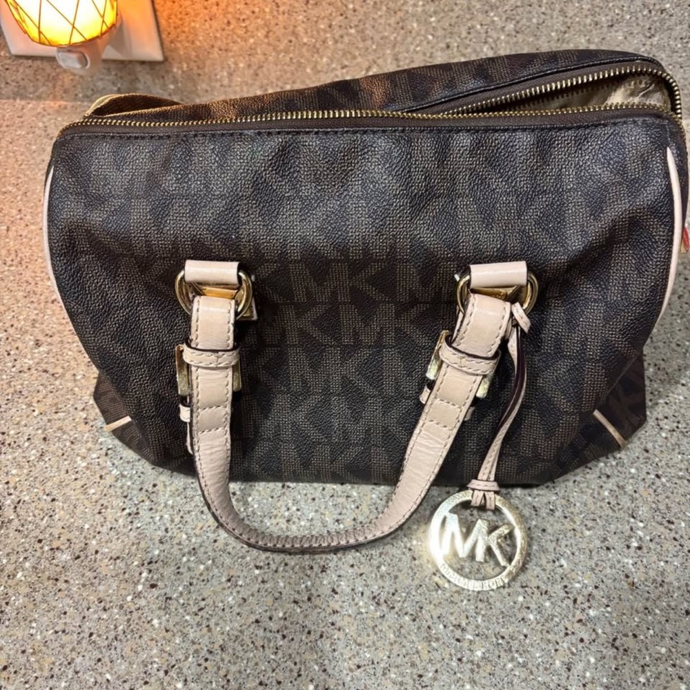 Michael Kors Brown MK Logo Satchel with Beige Trim and Gold Charm